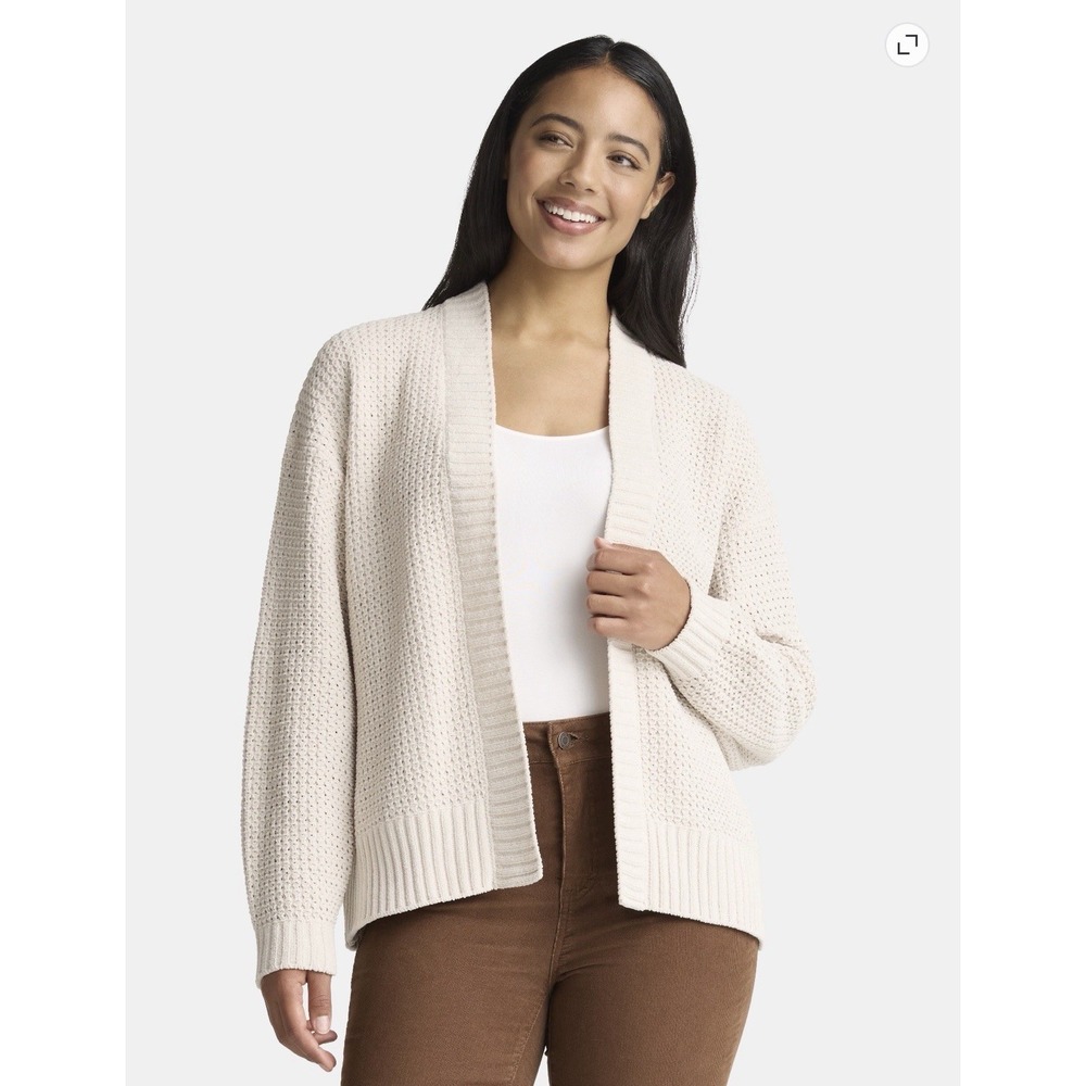 0220-Time and Tru Womens XL Papyrus Beige Chenille Waffle Knit Open Cardigan